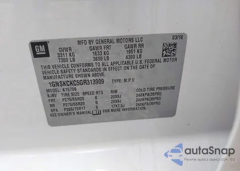 2016 Chevrolet Tahoe Ltz z USA, uszkodzony, nr VIN 1GNSKCKC5GR313909